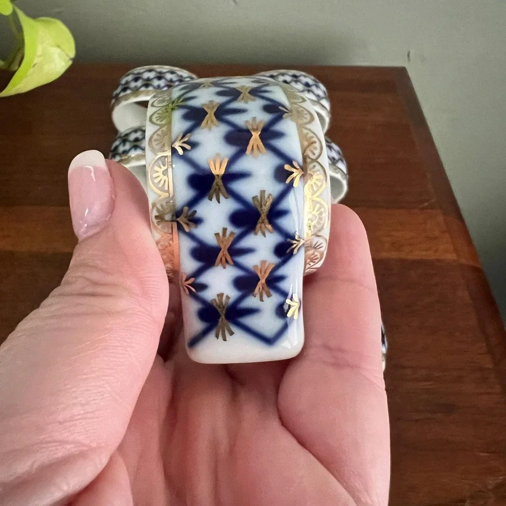 Vintage Lomonosov Russian Porcelain Napkin Rings Cobalt Net Set 8